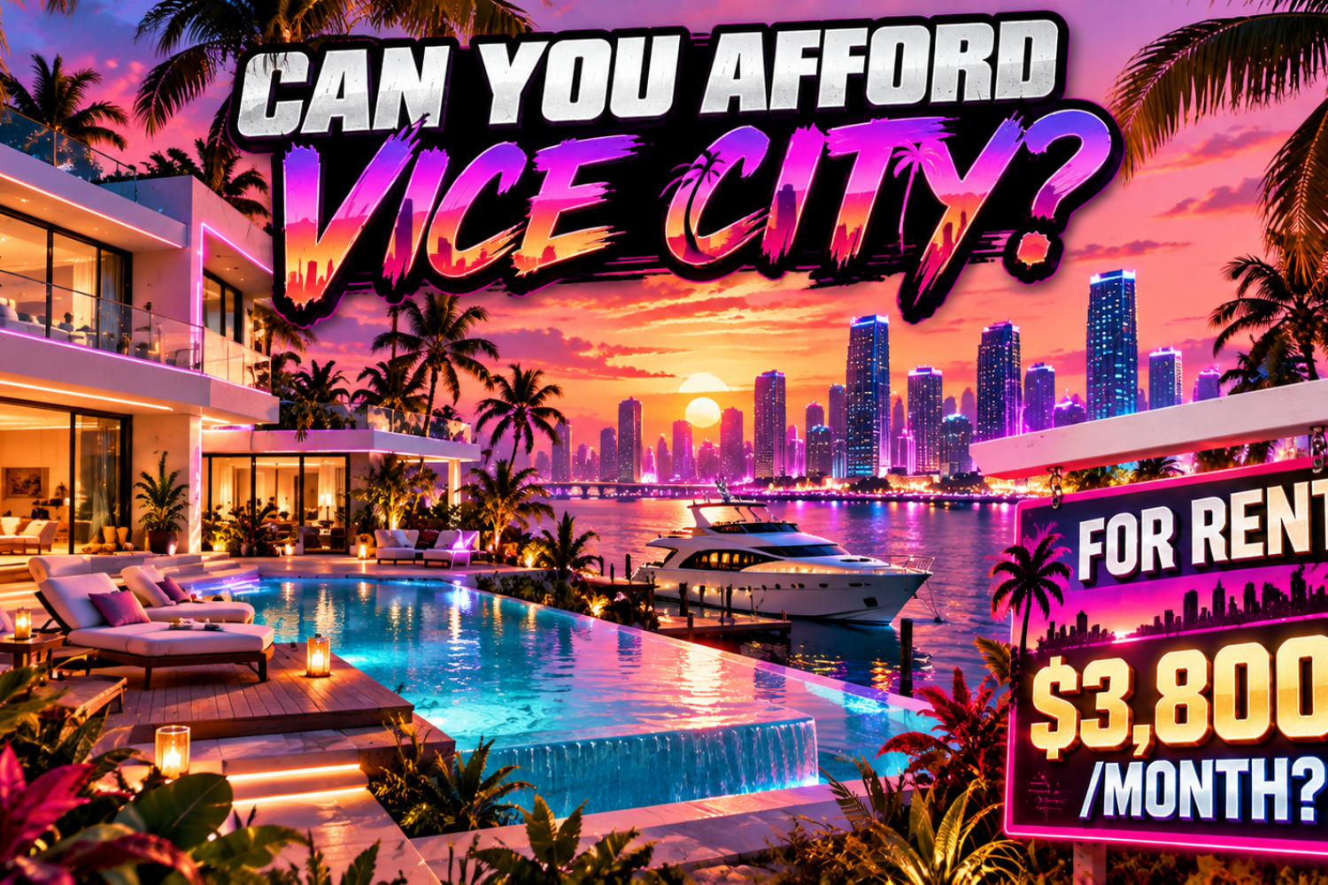Luxury Vice City-style waterfront property illustrating the estimated cost of living in GTA VI