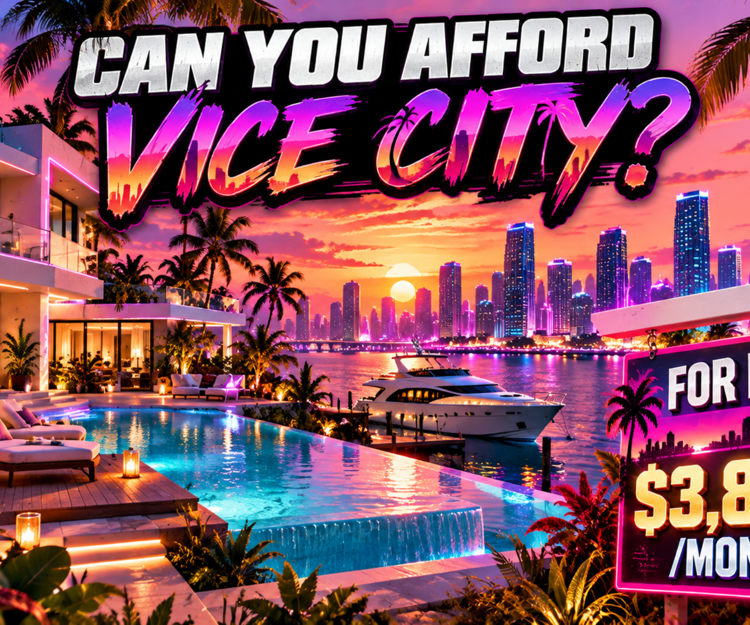 Luxury Vice City-style waterfront property illustrating the estimated cost of living in GTA VI
