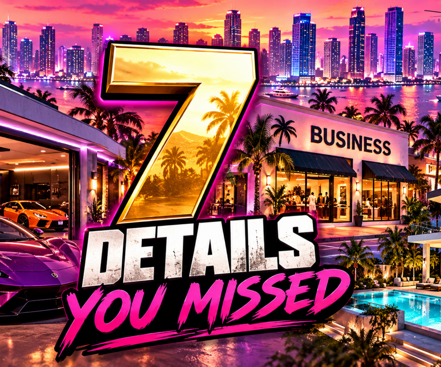 GTA 6 Vice City illustration highlighting seven details involving businesses, garages, safehouses, and customization.