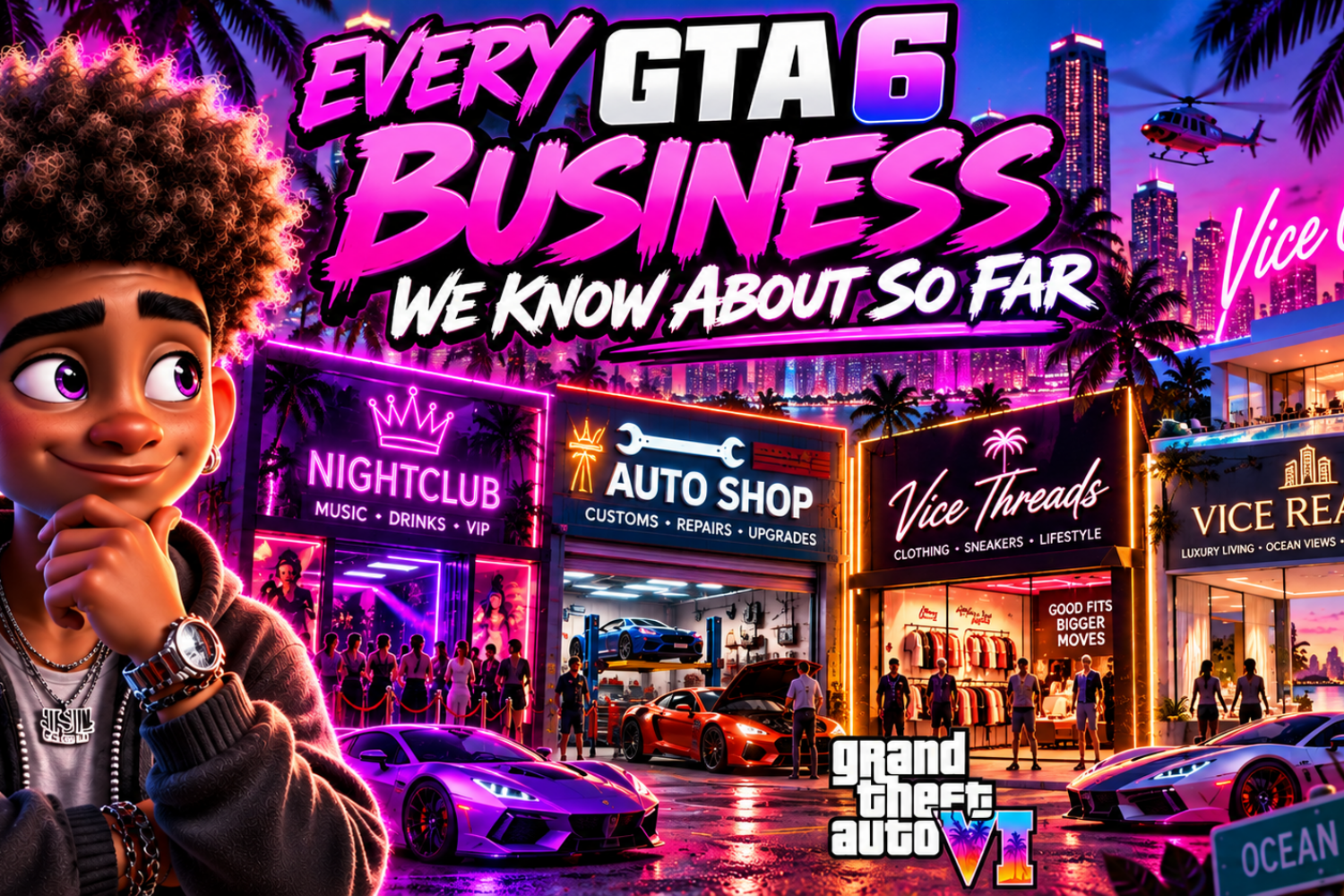 GTA VI businesses in Vice City including real estate, nightlife, auto shops and music