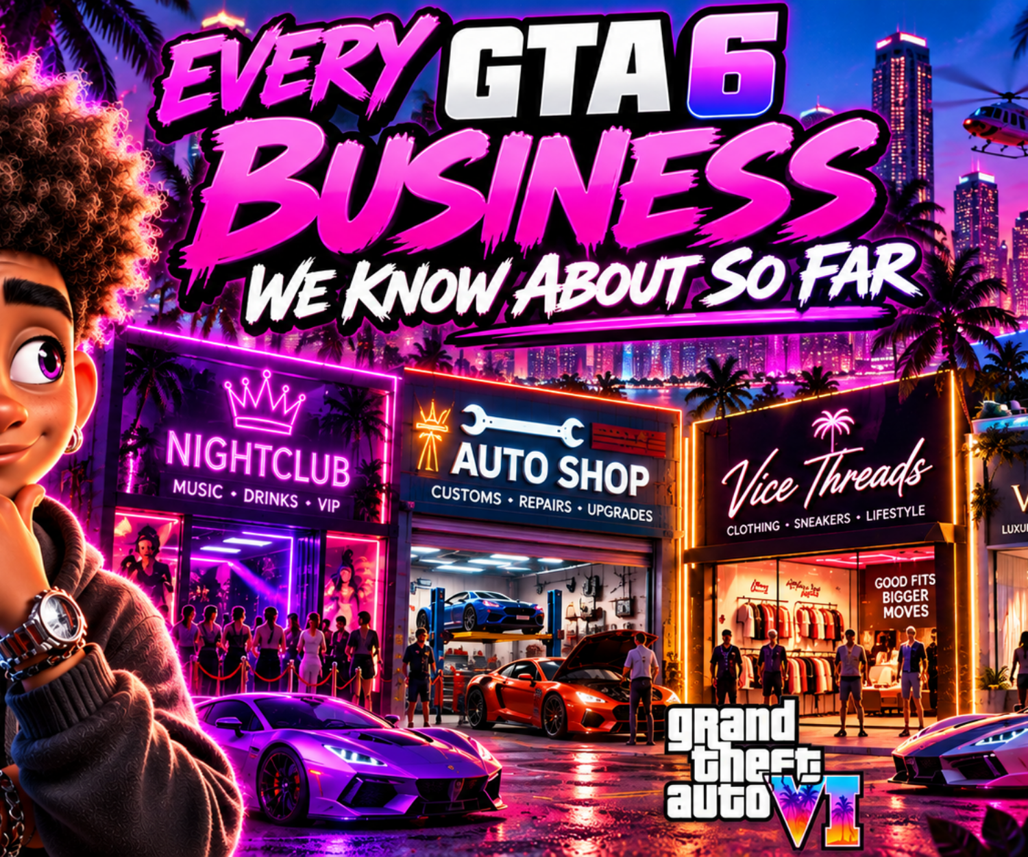 GTA VI businesses in Vice City including real estate, nightlife, auto shops and music